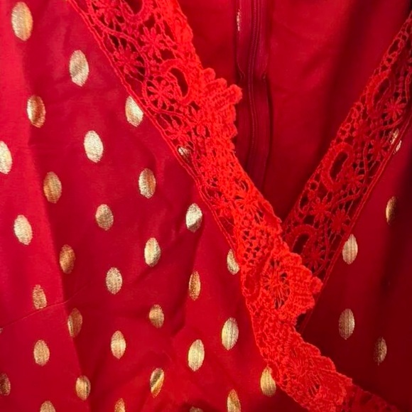 Boho Sheer Lace Panel Tiered Ruffle Red Gold Maxi Dress - Picture 8 of 8